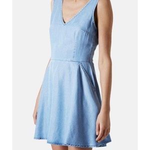 Topshop Moto Double V-Neck Skater Chambray Dress